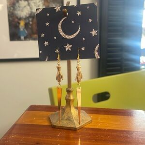 Brass Victorian hand and spike witchy edgy dangle earrings - hypoallergenic post